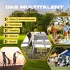 Collage of images showing a pop-up pavilion used in various outdoor settings like festivals, markets, and beaches, with text highlighting its versatility. Voir les images du produit
