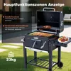 A charcoal grill with its lid open, displaying various features and dimensions. Anteprima dell’immagine prodotto