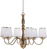 A brass-colored chandelier with six white lampshades, photographed against a white background. Náhled obrázku produktu
