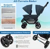A twin stroller with various features highlighted by text and diagrams. Podgląd zdjęcia produktu