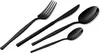 A set of black cutlery, including a fork, knife, and two spoons, is arranged diagonally on a white background. Anteprima dell’immagine prodotto