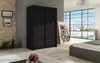 A bedroom scene with a black wardrobe, bed, and artwork. Produktbild-Vorschau