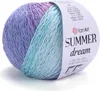 A ball of yarn with a gradient of colors from purple to teal, with a label attached. Produktbild-Vorschau