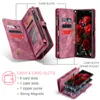 A collage of images showing a pink wallet-style phone case with multiple card slots and a zipper pocket, along with a phone inside. Produktbild-Vorschau