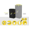 Two backpacks are shown, one black and one gray, with yellow accents. Below them are five circular diagrams illustrating how to use or pack something. Produktbild-Vorschau