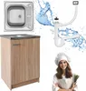 A collage of a kitchen sink, cabinet, plumbing parts, and a chef. Podgląd zdjęcia produktu