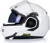 A white motorcycle helmet with the visor up and an internal sun visor down, shown against a white background. Voir les images du produit