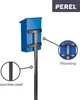 A blue mailbox post with a silver pole, shown with close-up details of its mounting and stainless steel construction. Podgląd zdjęcia produktu