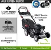 A marketing image of a BRAST Benzin Rasenmäher 18170, with feature callouts and certifications. Produktbild-Vorschau