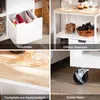A collage of four images showing different aspects of a kitchen cart, including its drawers, open storage, tabletop, and wheels. Náhled obrázku produktu