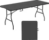 A black folding table is shown in its extended and folded states against a white background. Produktbild-Vorschau