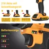 An instructional image showing how to insert and remove a battery from a cordless drill, along with a battery indicator display. Produktbild-Vorschau