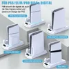 Multiple white PlayStation 5 stands are displayed on a light gray and white surface, showcasing different versions of the console. Produktbild-Vorschau