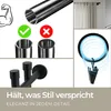 Collage of images showing a metal curtain rod, examples of its use, and accessories. Produktbild-Vorschau