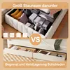 A split image showing two different bed storage solutions: one with large under-bed storage and another with smaller drawers. Produktbild-Vorschau