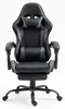 A black and gray gaming chair with a footrest, headrest, and lumbar pillow, shown from the front against a white background. Produktbild-Vorschau