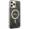 A close-up, angled view of a black and gray patterned iPhone case with a gold circular logo and text. Voir les images du produit