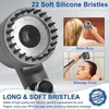 A shower head with silicone bristles, shown in use for body and scalp massage, with descriptive text and a quality badge. Náhled obrázku produktu
