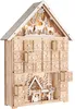 A wooden advent calendar shaped like a house, decorated with Christmas motifs and LED lights. Náhled obrázku produktu