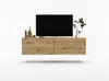 A modern, wall-mounted TV stand with two doors, displaying a television, decorative objects, and a plant. Náhled obrázku produktu