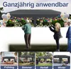 A collage of images showing a pop-up gazebo in different settings and seasons, with people using it for parties and gatherings. The top part of the image features a large gazebo with people in the foreground and text overlay. Voir les images du produit