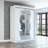A modern white wardrobe with mirrored sliding doors is shown in a room with a gray textured wall and wooden floor. Produktbild-Vorschau