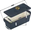 A dark blue cast iron loaf pan with a lid, shown with dimensions indicated by dashed lines and measurements. Produktbild-Vorschau