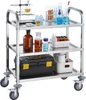A three-tiered stainless steel laboratory cart filled with various lab equipment and supplies. Voir les images du produit