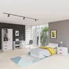 A bedroom scene with a bed, desk, and bookshelf. Produktbild-Vorschau