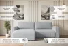 A light gray sectional sofa is shown in a well-lit room with decorative elements and feature callouts. Produktbild-Vorschau