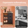 A split image showing a kitchen cart before and after organization, with text overlays indicating the difference. Voir les images du produit