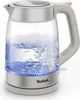 A glass electric kettle with water boiling inside, illuminated by blue LED lights at the base. Produktbild-Vorschau