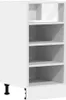 A white kitchen cabinet with four shelves and a drawer at the bottom, standing on black legs. Produktbild-Vorschau