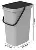 A 3D rendering of a gray trash can with a black lid and handle, with dimensions indicated. Anteprima dell’immagine prodotto