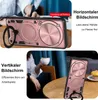 Collage showing a rose gold phone case with a ring holder in horizontal and vertical orientations, with text overlays describing its features. Produktbild-Vorschau