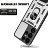 A close-up of a silver and black phone case with a ring holder and camera protection. Produktbild-Vorschau