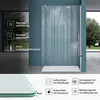 A shower enclosure with water droplets on the glass, presented with feature callouts and test result icons. Produktbild-Vorschau