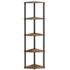 A corner shelf unit with a distressed wood finish and black metal poles. Produktbild-Vorschau