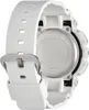 Close-up view of the back of a white Casio G-Shock watch, showing the metal case back with engravings and the white strap with a silver buckle. Produktbild-Vorschau