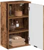 A wooden bathroom cabinet with its door open, displaying shelves with toiletries and towels. Náhled obrázku produktu