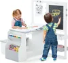 Two children are using a multi-functional art easel and desk set. Produktbild-Vorschau