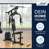 A home gym machine is shown in a room with a window in the background, and marketing text and icons are on the right side. Produktbild-Vorschau