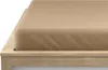 A close-up view of a beige fitted sheet on a wooden bed frame. Produktbild-Vorschau