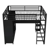 A black metal loft bed with an integrated wardrobe and shelves on one side, and a ladder on the other. Produktbild-Vorschau