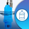 A blue water pump submerged in water, with a graphic of a water bottle on the right side. Produktbild-Vorschau