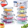 A collection of glass food storage containers filled with various foods, presented in a promotional arrangement with a product box in the background. Podgląd zdjęcia produktu