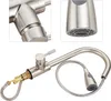 A kitchen faucet with a pull-down sprayer is shown against a white background. Close-up insets highlight the faucet's handle and sprayer head. Produktbild-Vorschau