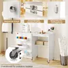 A collage of images showcasing the features of a white sewing table, including close-ups of its hardware and a view of its wheels. Anteprima dell’immagine prodotto