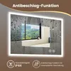 A bathroom mirror with LED lighting and water droplets on the glass, reflecting a window view. Produktbild-Vorschau