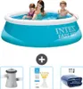 An inflatable pool with people in it, along with accessories like a filter pump, test strips, and a cover. Náhľad obrázku produktu
